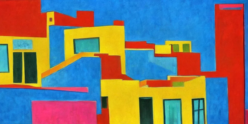 Image similar to colorful painting of tel aviv bauhaus architecture in the style of henri matisse