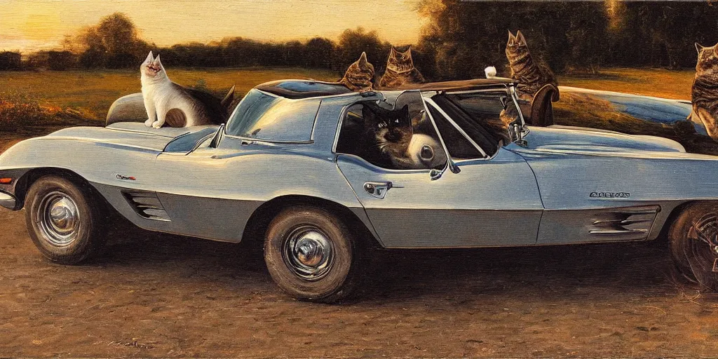 Image similar to corvette with cats sitting in and on the car, old dutch painting, golden hour, shadows, wide shot