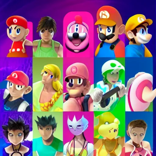 Prompt: the cast of smash brothers formed in different colored jellies