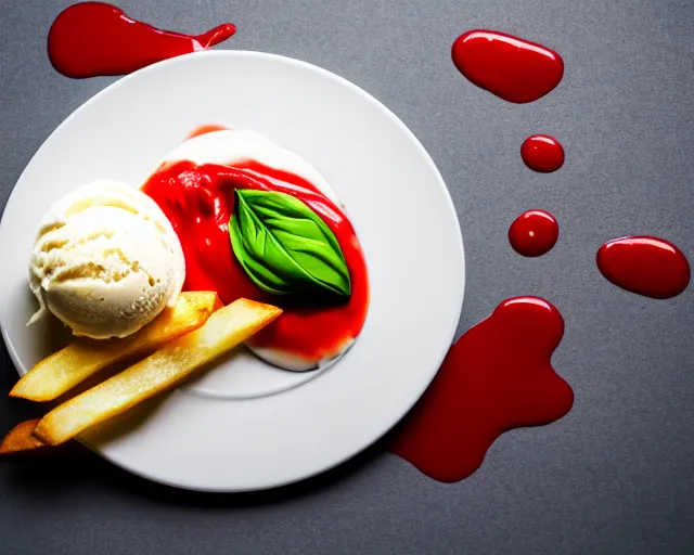 Image similar to dslr food photograph of vanilla ice cream with ketchup on, a leaf of basil on the ice cream, french fries on the side, a bottle of ketchup, bokeh, 8 5 mm f 1. 4