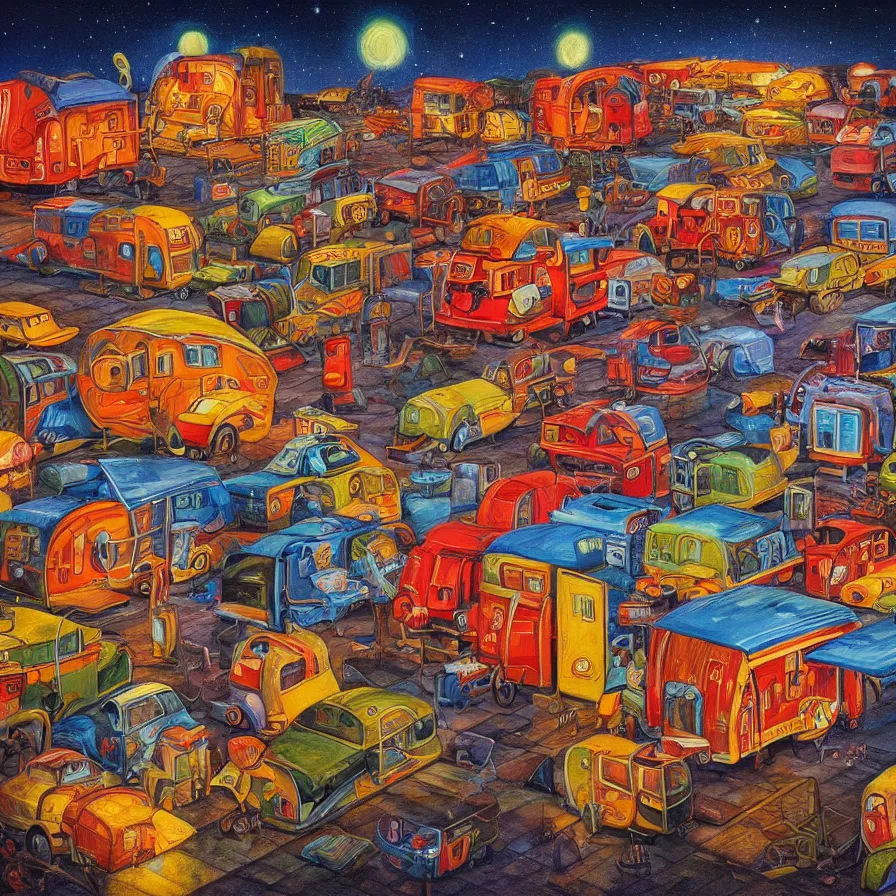 Image similar to a painting in the style of Jacek Yerka , a colourful caravan is traveling past a large factory at night