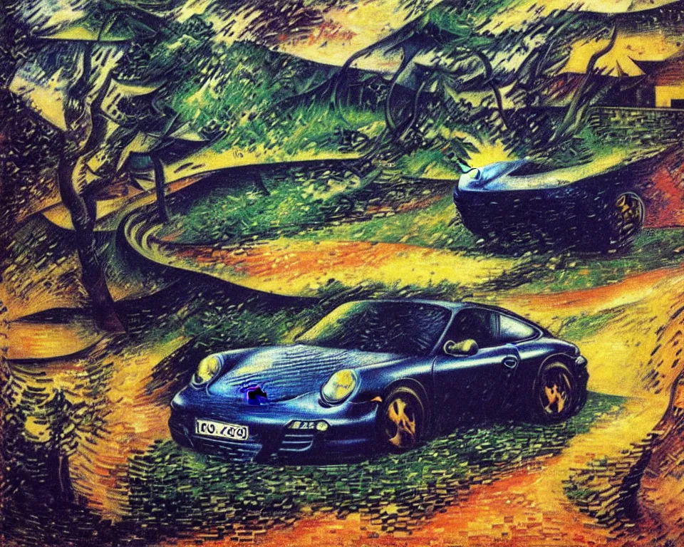 Prompt: a porsche in a monsoon by umberto boccioni. detailed, proportional, romantic, enchanting, achingly beautiful, graphic print, trending on artstation, jungle, tropical, foliage