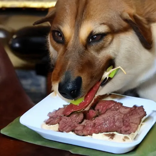 Prompt: courage the dog eating sloppy steaks