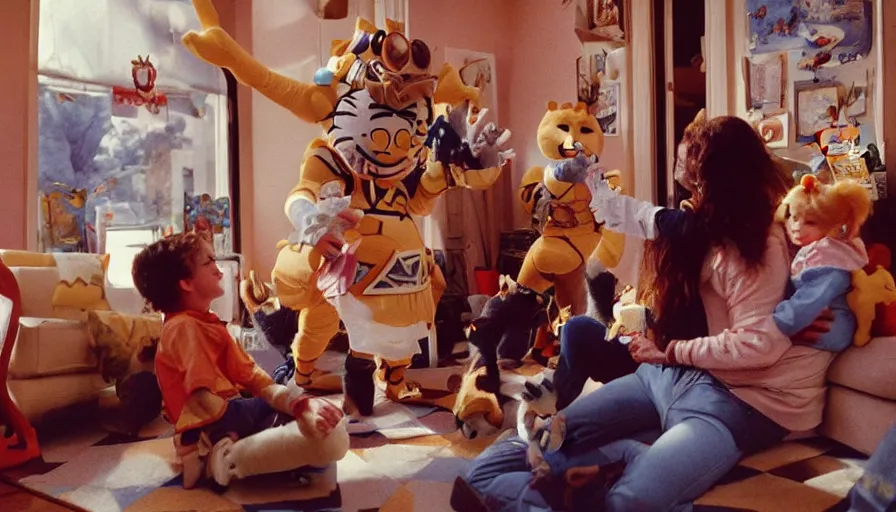 Prompt: 1990s candid 35mm photo of a beautiful day in the living room, cinematic lighting, cinematic look, golden hour, large costumed mascot people interacting with families, Enormous personified mascot people with outstandingly happy faces coming out of a portal and showing families how to teleport, cats playing chess, UHD