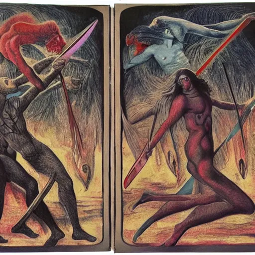 Prompt: A body art of two people, one a demon and the other a human, fighting each other with swords. winter, buff by Ernst Fuchs a e s t h e t i c