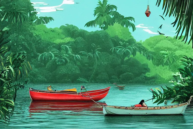 Prompt: lonely boat floating on a river in the jungle, ferns, birds. digital drawing, ultra detailed, cool color palette, wes anderson, amelie poulain, tim burton, tomm moore, guido crepax