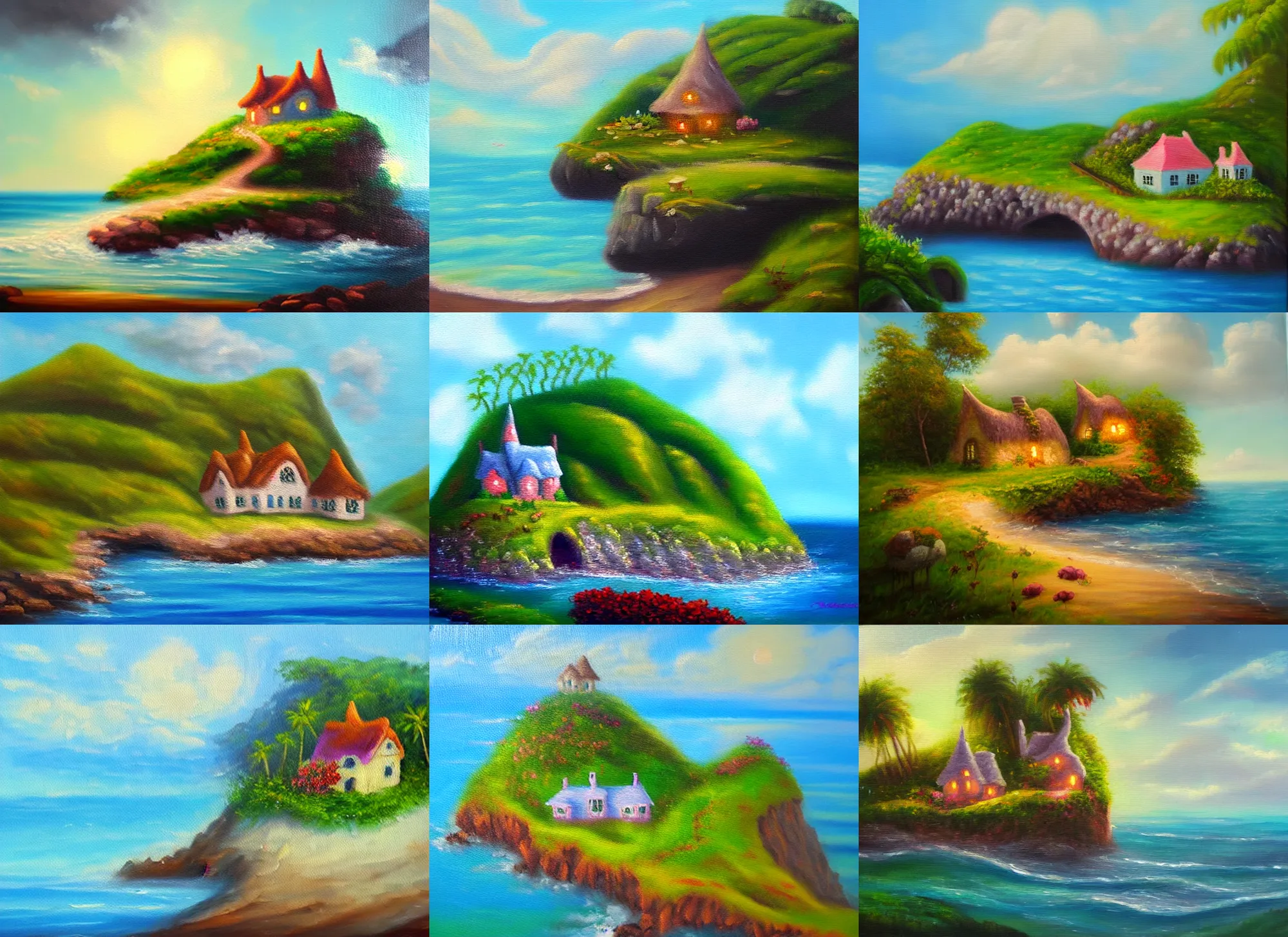 Prompt: soft oil painting of an magical fantasy cottage island on the ocean