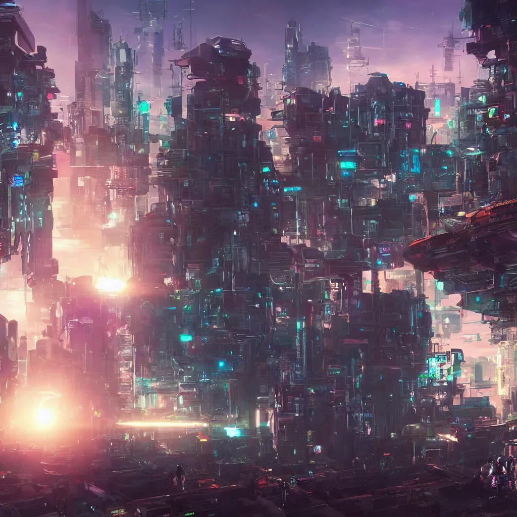 Prompt: a cinematic composition depicting : we're overlooking translucid crystal android being, whos is behind their heads up display viewing out of their window how a high tech lush solarpunk tribe collaborating with their technologic android helpers encroaching a cyberpunk town at sunrise