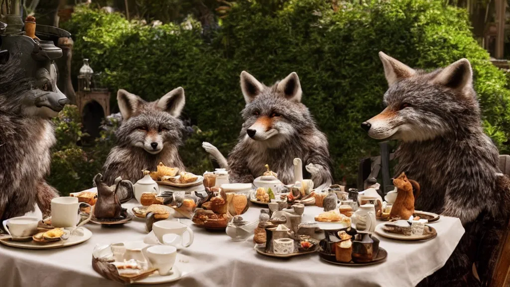 Image similar to film still from the movie chappie outdoor park plants garden scene bokeh depth of field several figures sitting down at a table having a delicious grand victorian tea party crumpets furry anthro anthropomorphic stylized cat ears wolf muzzle head fox fur