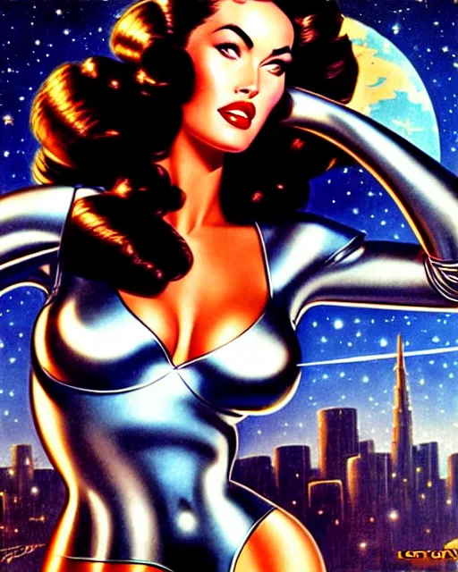 Prompt: closeup beautiful retro space megan fox posing with a chrome robot in dieselpunk city at night, pinup, windblown dark hair, seductive, hyper detailed, digital art, smooth, sharp focus, luis royo, gil elvgren, alberto vargas, 1 9 5 0, when mars attacks