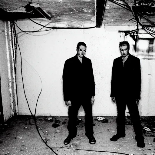 Image similar to two men in black, looking at a bright light in the dark grimy grungy basement of an abandoned apartment block, wires, cables, grainy black and white photography