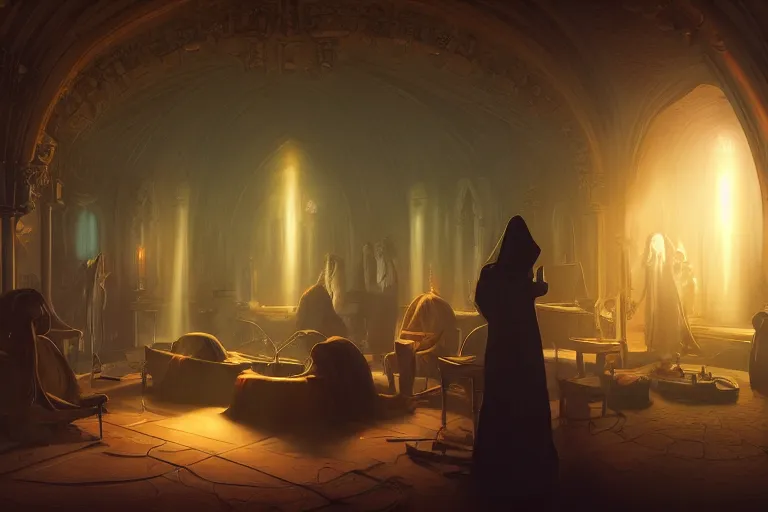 Image similar to cultist secret meeting taking place in a basement of a victorian mansion. incredible voluminous indirect soft glow cinematic lighting, hyperdetailed features, movie still, intricate, octane render, unreal engine, crepuscular rays, god rays, by beeple and rhads and donato giancola