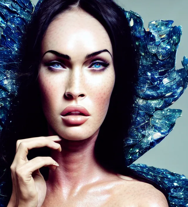 Prompt: photography facial portrait of megan fox, natural background, natural pose, wearing one organic futurist cape from iris - van - herpen, with a subtle colorfull - makeup. highly detailed, skin grain detail, photography by paolo roversi, nick knight, helmut newton, avedon, araki
