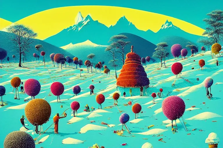 Prompt: surreal glimpse into other universe, himalaya with snow ice cream, summer morning, very coherent and colorful high contrast, art by!!!! gediminas pranckevicius!!!!, geof darrow, floralpunk screen printing woodblock, dark shadows, hard lighting