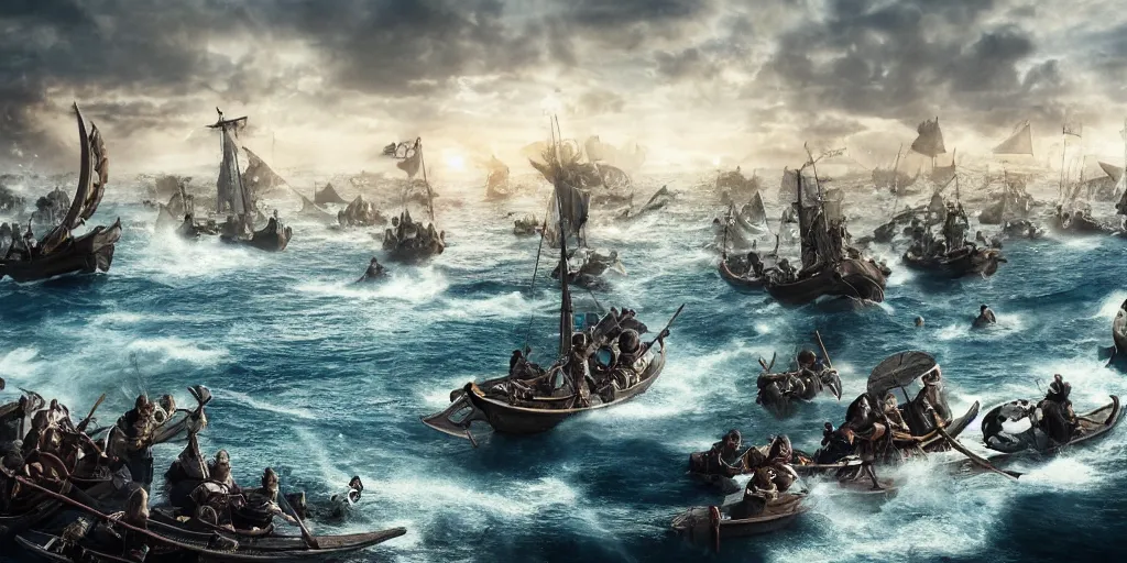 Image similar to An Epic viking sea battle, realistic 4k octane beautifully detailed render, 4k post-processing, highly detailed, intricate complexity, epic composition, magical atmosphere, cinematic lighting, masterpiece, ultra hd