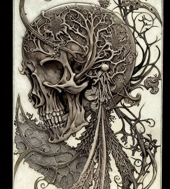 Image similar to memento mori by arthur rackham, art forms of nature by ernst haeckel, exquisitely detailed, art nouveau, gothic, ornately carved beautiful skull dominant, intricately carved antique bone, art nouveau botanicals, ornamental bone carvings, art forms of nature by ernst haeckel, horizontal symmetry, arthur rackham, ernst haeckel, symbolist, visionary