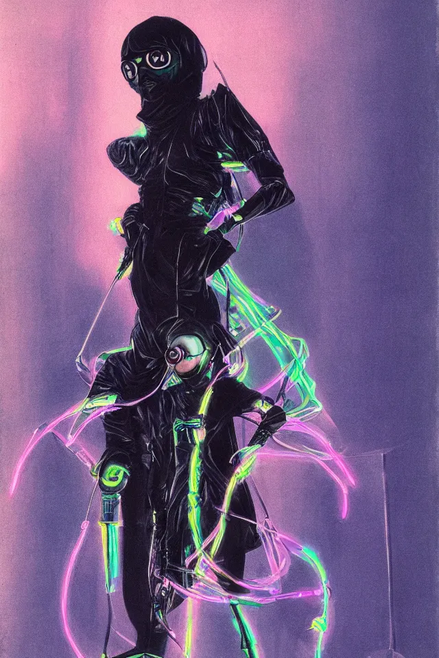 Prompt: concept art androgynous ninja in rocker tunic made of iridiscent fabric, radio goggles, iridiscent, cinematic lighting at night, iridiscent light, wet floors, neon, syd mead, tim walker, masterpiece, fashion design