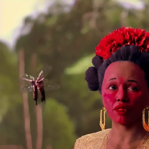 Image similar to over-shoulder film still of an african-american woman with short grey hair, a headdress made of red fern-leaf peony, wearing a black lace mask and gold dangly earrings, purple lipstick, speaking to a giant dragonfly from the adventure movie Life of Pi (2012) directed by Ang Lee and shot by Claudio Miranda