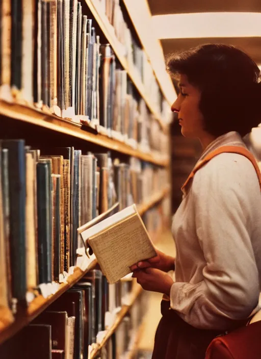 Prompt: a 3 5 mm photo from the back of a woman choosing a book from a library shelf on a college campus in the 1 9 5 0 s, bokeh, canon 5 0 mm, cinematic lighting, dramatic, film, photography, golden hour, depth of field, award - winning, 3 5 mm film grain, retro, film, kodachrome, closeup