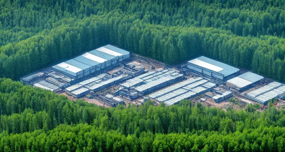 Image similar to large factory in a beautiful forest and undergrowth