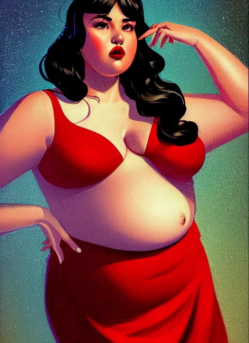 Image similar to full body portrait of teenage veronica lodge, obese, bangs, sultry, realistic, sultry smirk, wavy hair, red skirt, fat, belly, intricate, elegant, glowing lights, highly detailed, digital painting, artstation, concept art, smooth, sharp focus, illustration, art by wlop, mars ravelo and greg rutkowski