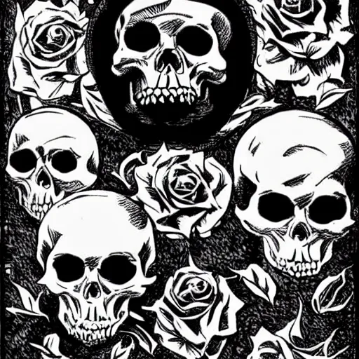 Prompt: Roses growing out of a skull. Centered, Dark Fantasy, Film Noir, Black and White. High Contrast, Mike Mignola, D&D, OSR