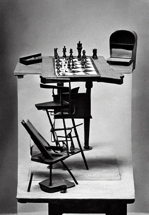 Prompt: a chess machine sitting on a table, a surrealist sculpture by marcel duchamp, archival pigment print, 1 9 1 4, conceptual art, artwork, academic art, surrealist