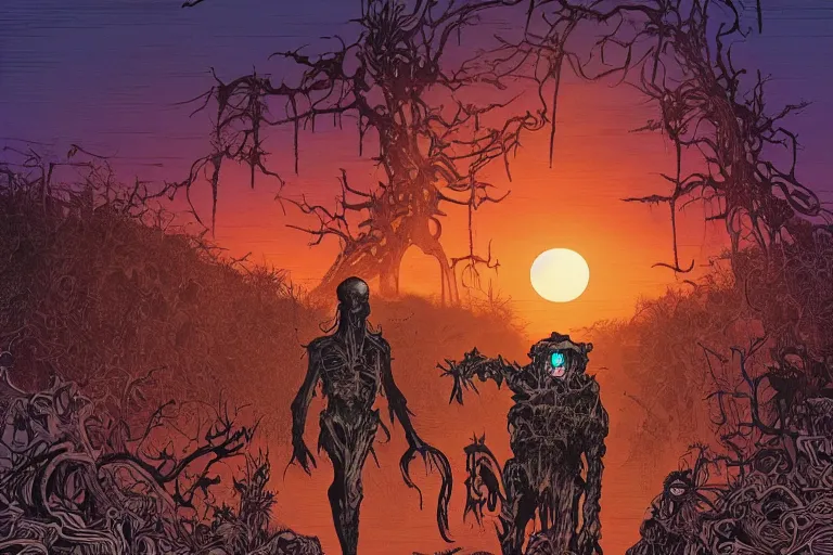 Image similar to disturbing horror zombie defeat illustration by joe fenton and syd mead and p. craig russell and barry windsor - smith, artstation, 4 k, graphic novel, concept art, matte painting, beautiful american rustic western landscape sunset background, golden hour, art nouveau