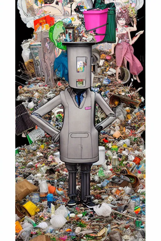 Image similar to full view, from a distance, of anthropomorphic trashcan duchamp, full of trash, style of yoshii chie and hikari shimoda and martine johanna, highly detailed