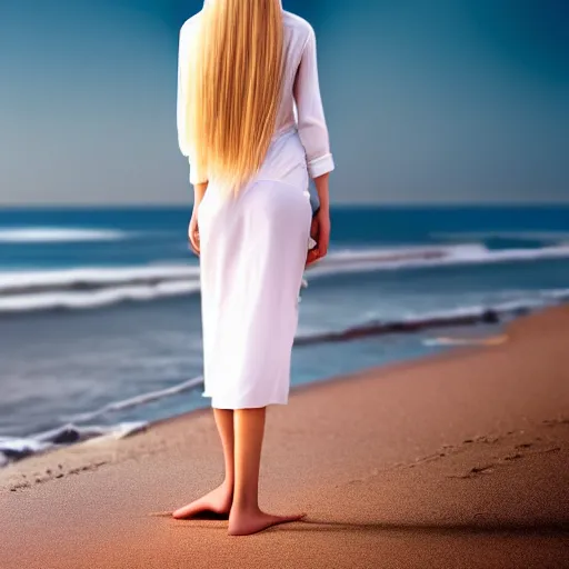 Prompt: a woman standing at the beach with long blonde hair, straight hair, white clothes, professional, photograph, highly detailed, beautiful face, elegant, 4k, photorealistic, dramatic lighting, trending on social media,