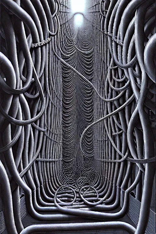 Image similar to grey wall of tangled pipes and hoses by thomas ligotti and wayne barlowe