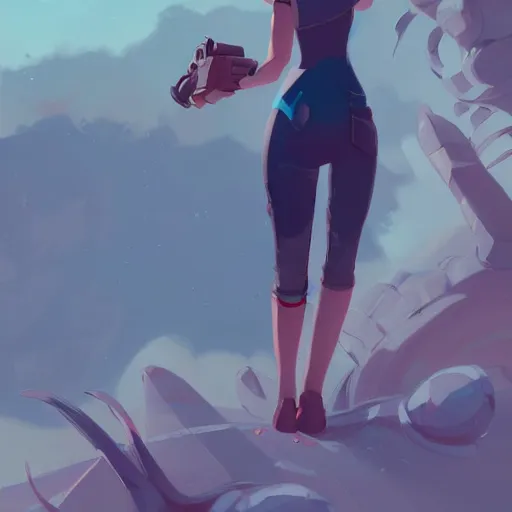 Image similar to a girl looking to the skies by greg tocchini, by james gilleard high quality, cartoon, digital painting, by don bluth and ross tran