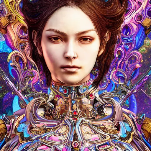 Prompt: legally kind colorful female divine mech paladin gun dream machina westworld studio portrait absurdly beautiful, elegant, young sexy elegant woman, super fine surreal detailed face illustration by kim jung gi, iraq nadar, intricate lines, sharp focus, vibrant colors, matte, octopath traveler, final fantasy, unreal engine highly rendered, global illumination, radiant light, intricate environments