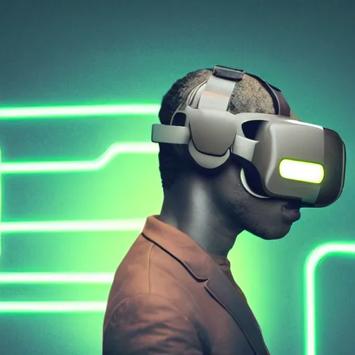 Image similar to dark skinned man wearing futuristic vr headset neon lights ambient light unity game ultra - realistic in the style of enkai bilal