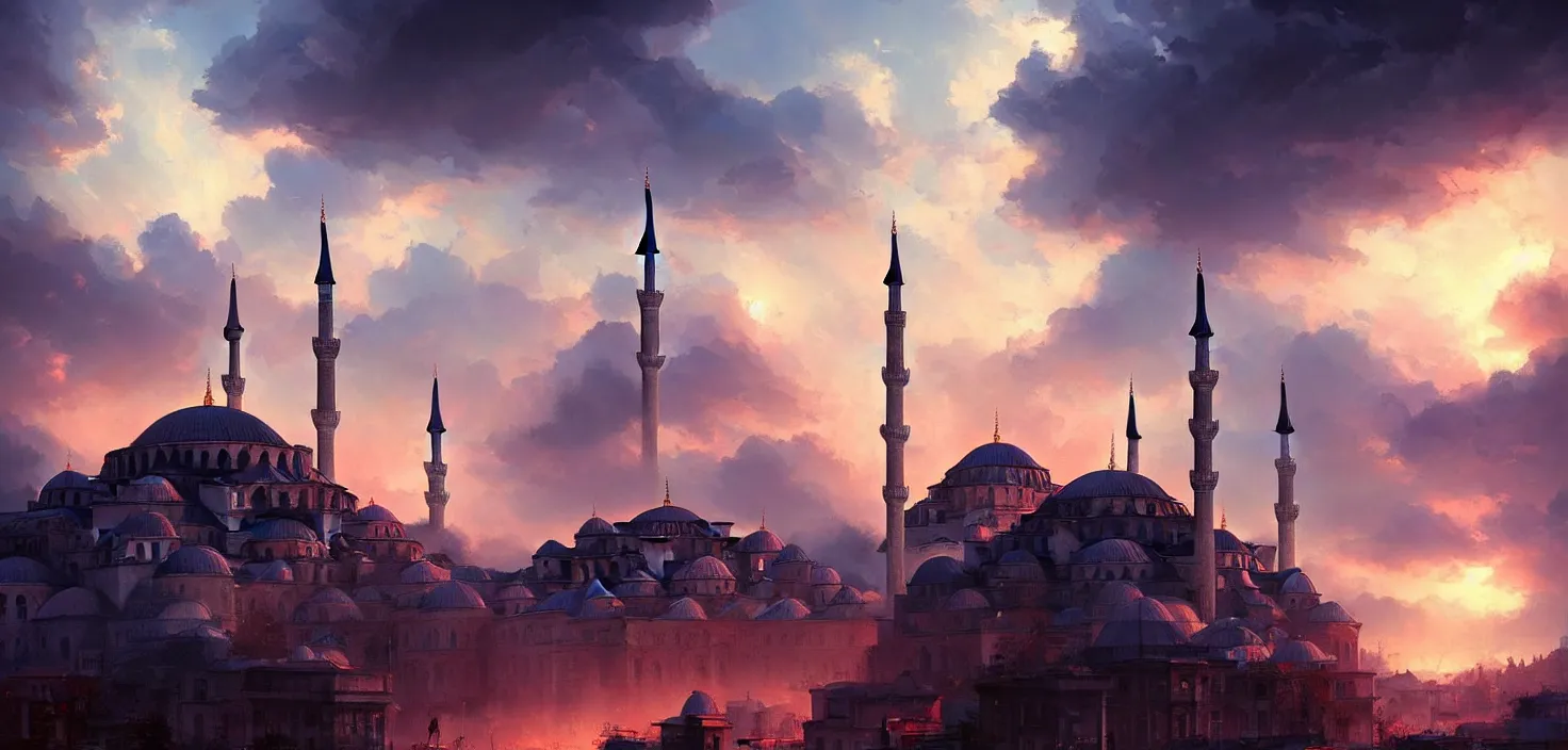 Prompt: istanbul, cinematic view, epic sky, detailed, concept art, low angle, high detail, warm lighting, volumetric, godrays, vivid, beautiful, trending on artstation, by jordan grimmer, huge scene, art greg rutkowski