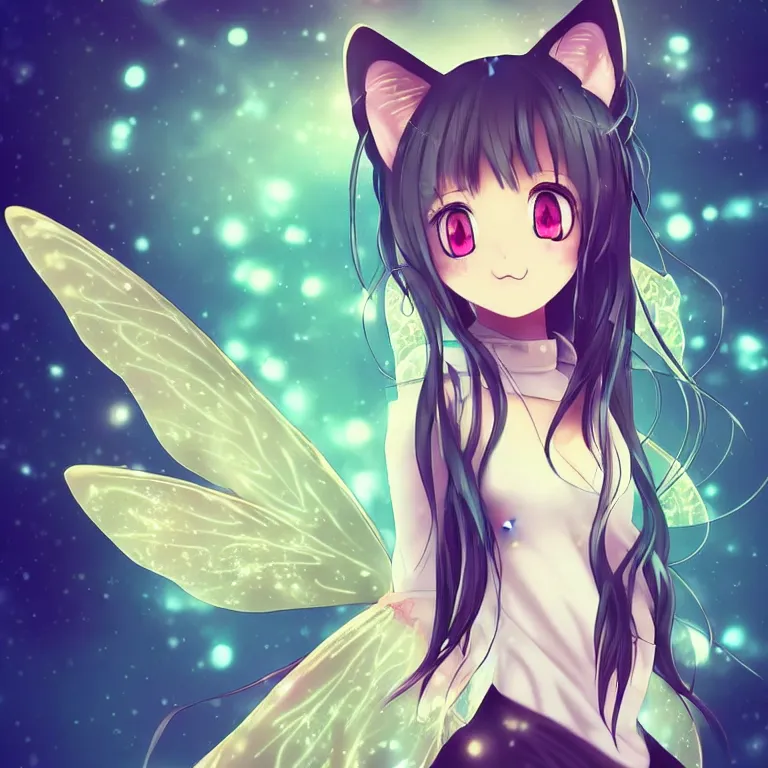 Image similar to cute, full body, female, anime style, a cat girl with fairy wings, large eyes, beautiful lighting, sharp focus, simple background, creative, heart effects, filters applied, illustration