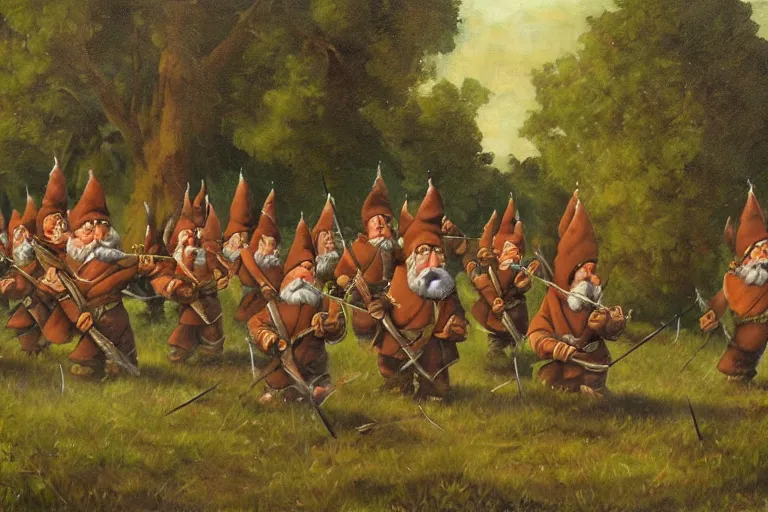 Image similar to an army of gnomes sending an arrow volley at a tree. canvis oil painting