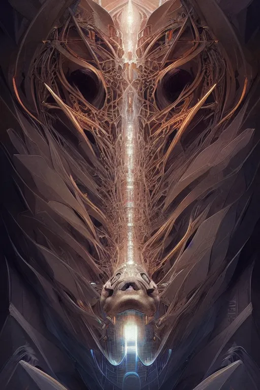 Image similar to professional concept art symmetrical portrait of a horrendous mechanical predatory fractal! species in a dark room by artgerm and greg rutkowski. an intricate, elegant, highly detailed digital painting, concept art, smooth, sharp focus, illustration, in the style of cam sykes.