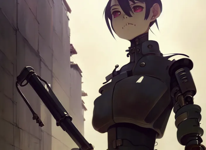 Prompt: a film still portrait of a confident butcher dieselpunk diesel assassin robot, finely detailed features, closeup at the faces, perfect art, at an ancient city, gapmoe yandere grimdark, trending on pixiv fanbox, painted by greg rutkowski makoto shinkai takashi takeuchi studio ghibli, akihiko yoshida