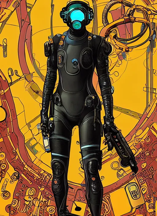 Prompt: cyberpunk deep sea diver. wetsuit. portrait by ashley wood and alphonse mucha and laurie greasley and josan gonzalez and james gurney. splinter cell, apex legends, rb 6 s, hl 2, d & d, cyberpunk 2 0 7 7. realistic face. character clothing. vivid color. dystopian setting.