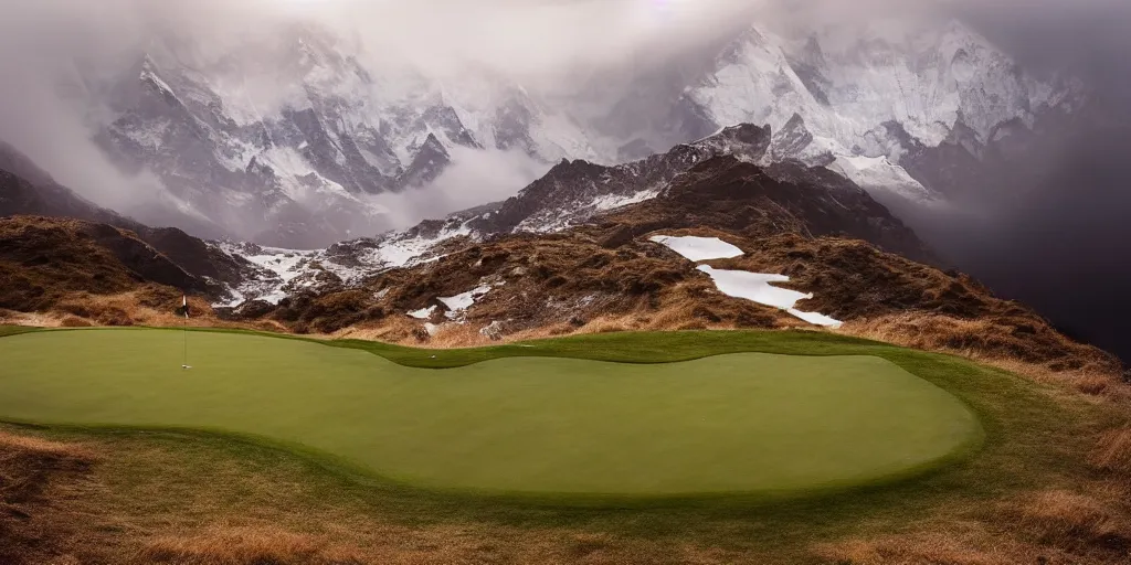 Image similar to a great photograph of the most amazing golf hole in the world, on top of the mount everest, ambient light, golf digest, top 1 0 0, fog