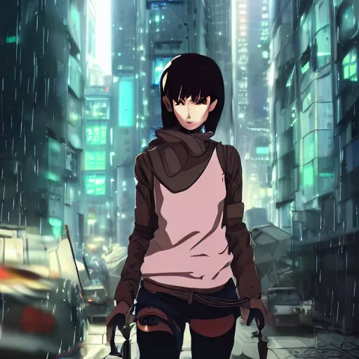 Image similar to android mechanical cyborg girl in overcrowded urban dystopia raining makoto shinkai wide angle