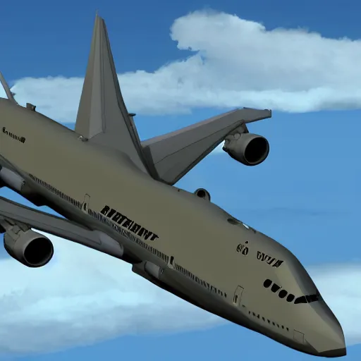 Image similar to boeing 7 4 7, weaponized, air to air missiles, minigun, military livery, combat ready