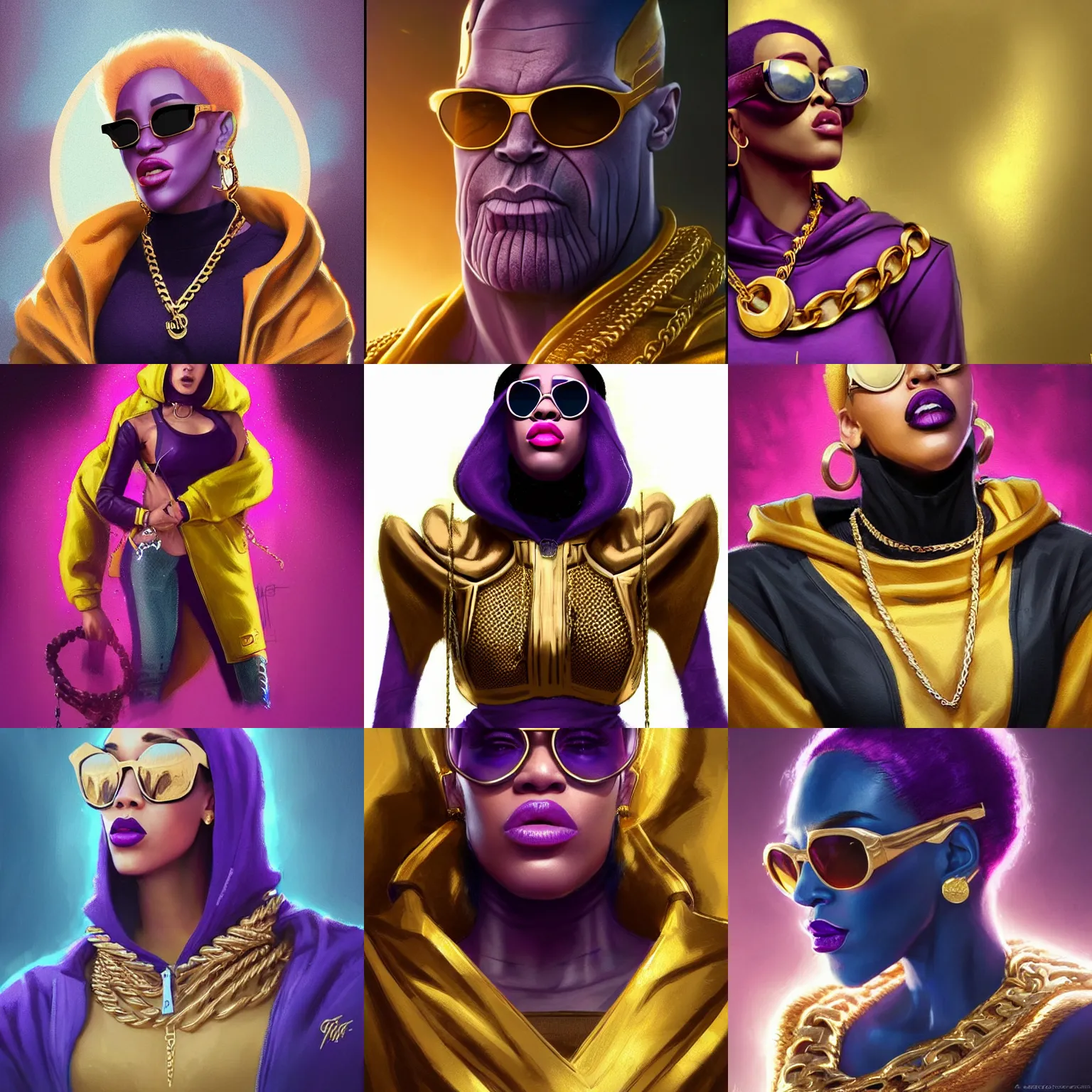 Prompt: thanos wearing designer hoodie as doja cat as cardi b wearing gold chain and sunglasses and gold hoop earrings by greg rutkowski by artgem trending on artstation hero concept art