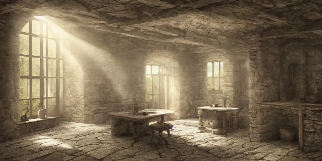 Prompt: an old irish stone house standing in the middle of nowhere, dim lighting, light rays coming through the window, dust particles, photorealistic painting, beautiful elaborate interior, vintage laboratory style, digital painting, high resolution, cinematic scene lighting, matte painting