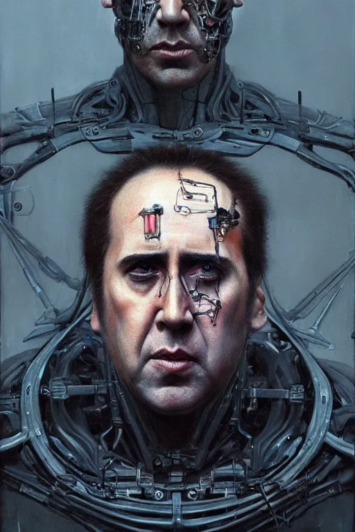 Prompt: Portrait of Nicolas Cage as mechanical cyborg, dark, intricate, smooth, artstation, painted by Wayne Barlowe, Greg Rutkowski, Zdislav Beksinski