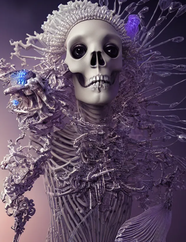 Image similar to 3 d goddess skeleton macro close - up portrait with crown made of ram skull. betta fish, jellyfish phoenix, bioluminiscent fire, plasma, ice, water, wind, creature, super intricate ornaments artwork by tooth wu and wlop and beeple and greg rutkowski