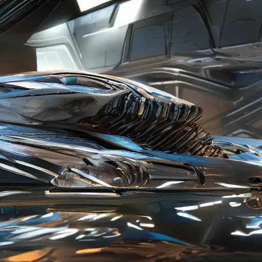 Image similar to car : motherboard forms designed by zaha hadid sci-fi futuristic ultra realistic photography, keyshot render, octane render, unreal engine 5 render, high oiled liquid glossy specularity reflections, ultra detailed, golden hour, dramatic lighting 4k, 8k, 16k in the style ofblade runner 2049 Cyberpunk 2077 ghost in the shell thor 2 marvel film : tilt shift: sharp focus