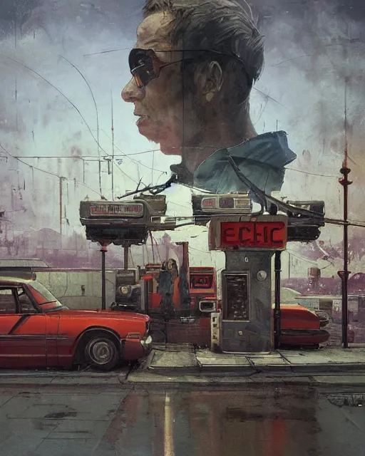 Image similar to a highly detailed epic cinematic concept art CG render digital painting artwork: Soviet diesel punk at a gas station. By Greg Rutkowski, in the style of Francis Bacon and Syd Mead and Norman Rockwell and Beksinski, open ceiling, highly detailed, painted by Francis Bacon and Edward Hopper, painted by James Gilleard, surrealism, airbrush, Ilya Kuvshinov, WLOP, Stanley Artgerm, very coherent, triadic color scheme, art by Takato Yamamoto and James Jean