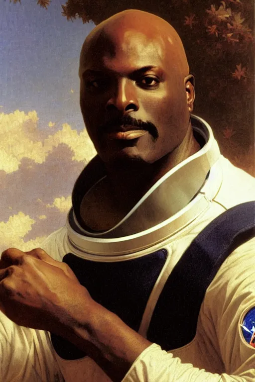 Image similar to portrait of lexington steele in astronaut shirt, by bouguereau